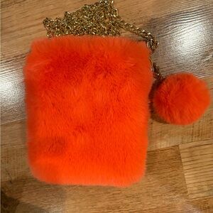 Faux Fur Orange Crossbody Bag with Gold Chain